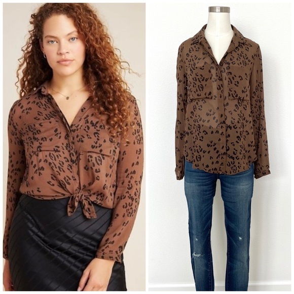 Anthropologie Tops - nwt ANTHROPOLOGIE leopard long sleeve button blouse chocolate brown size x-small